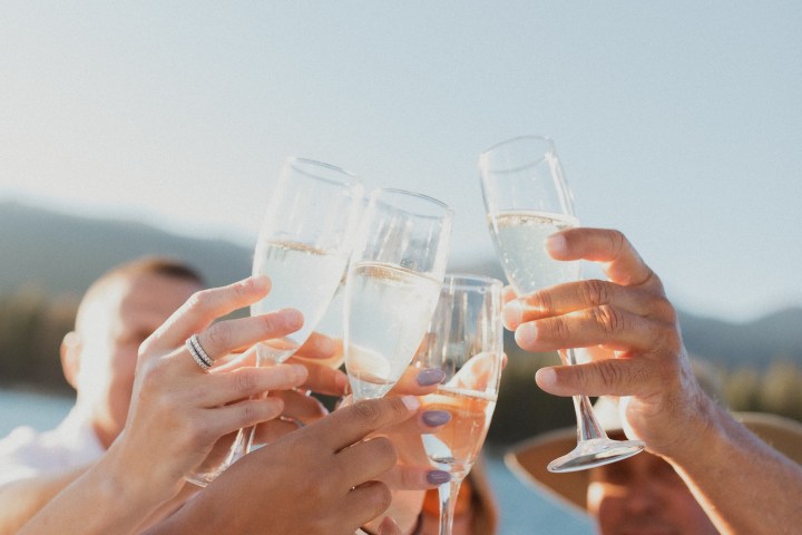 Group of people toasting with champagne glasses outdoors on a sunny day.