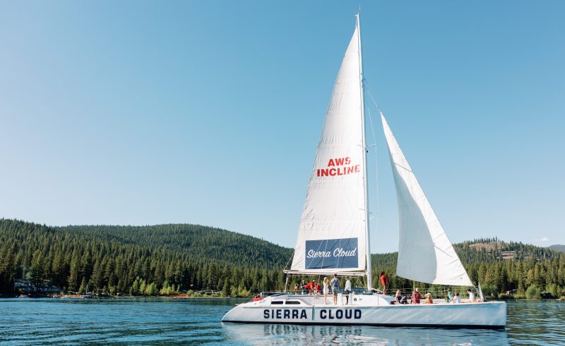 Sailboat on a lake with people onboard, surrounded by trees under a clear blue sky.